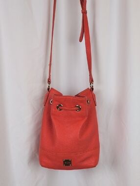 Kenneth Cole Orange Pebbled Leather Drawstring Bucket Crossbody Bag